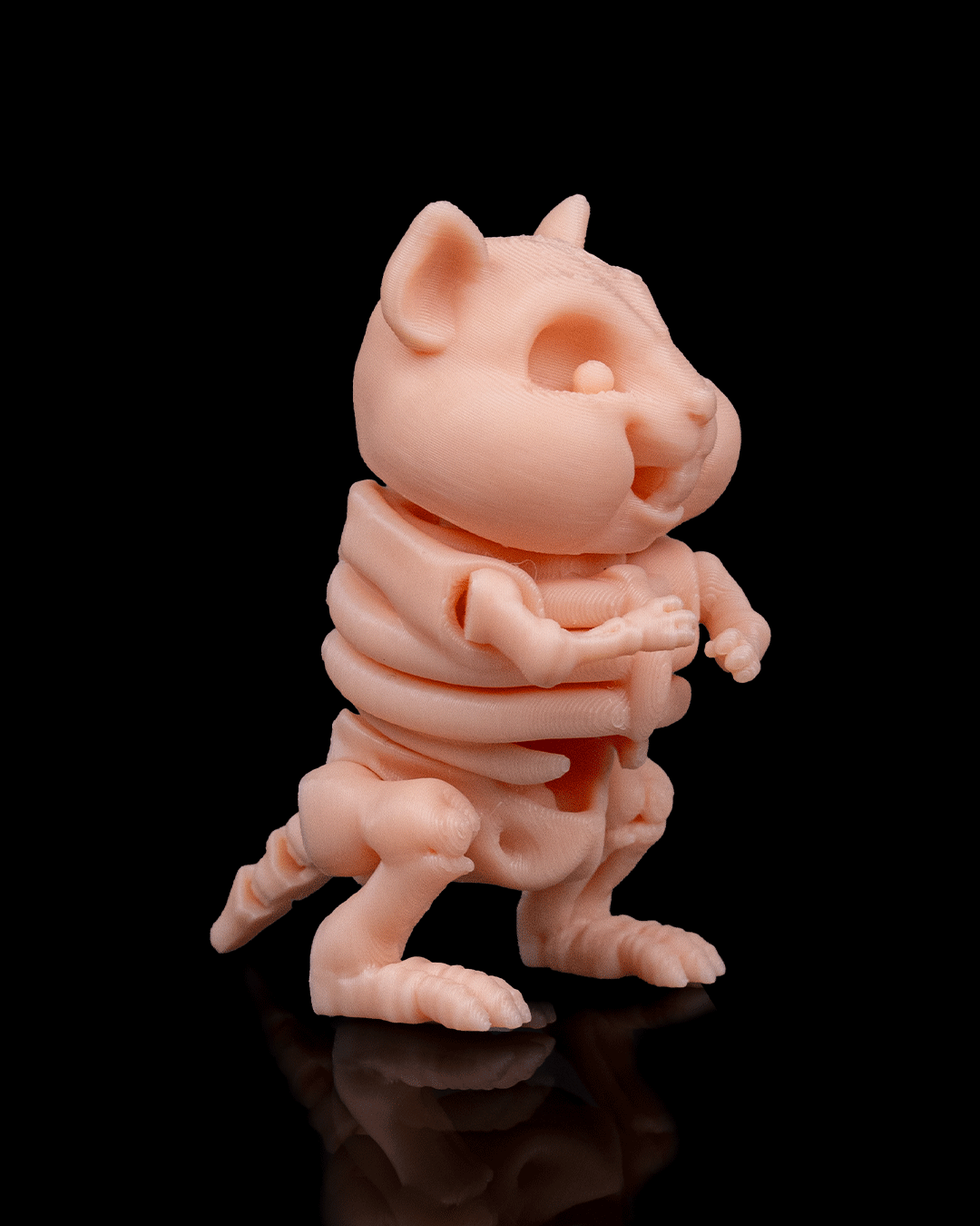 Side profile of Skeleton Fidget Hamster 3D print in beige PLA showing skeletal details.