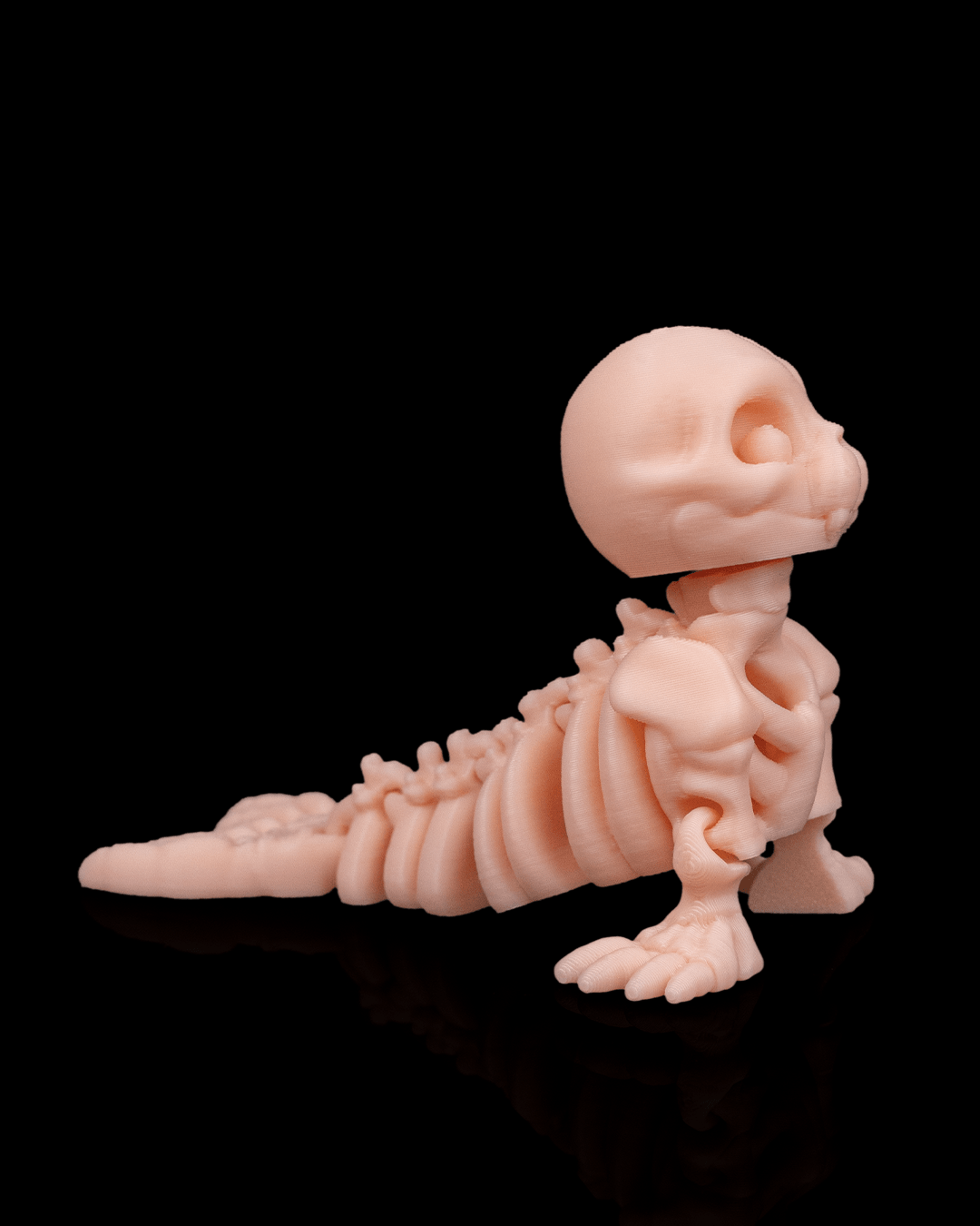 Side profile of Skeleton Fidget Seal 3D print showing detailed ribcage and flippers.