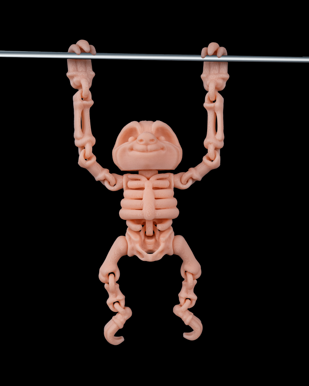 Front view of 3D printed Skeleton Fidget Sloth with long arms and articulated joints hanging from a wire.