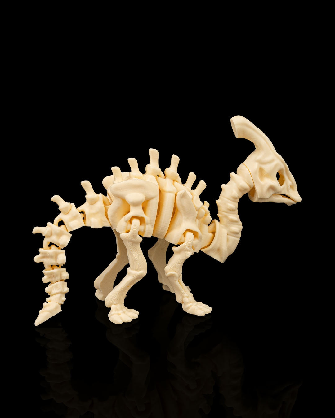 Angled view of 3D printed Skeleton Parasaurolophus miniature displaying intricate detail.