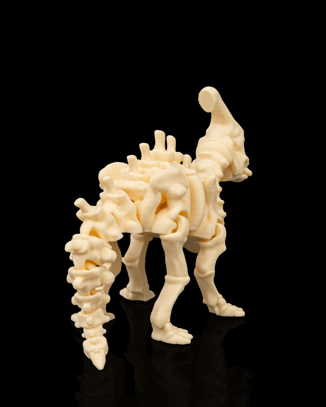 Rear view of 3D printed Skeleton Parasaurolophus miniature displaying intricate detail.