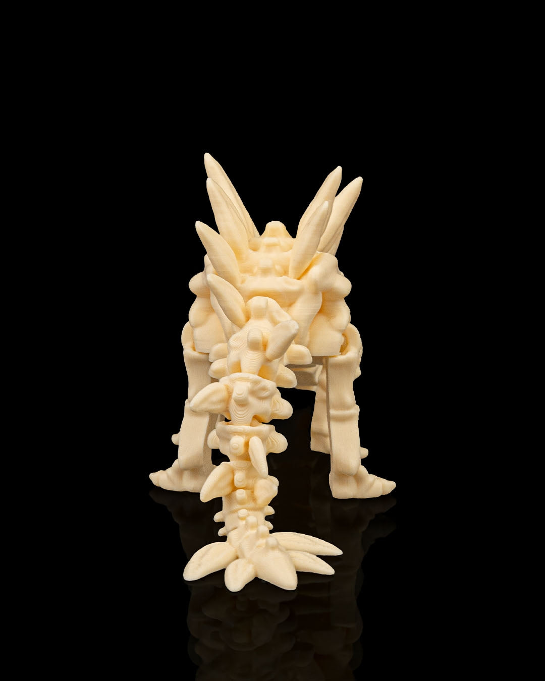 Rear view of Skeleton Stegosaurus highlighting spiked tail and ribbed structure.