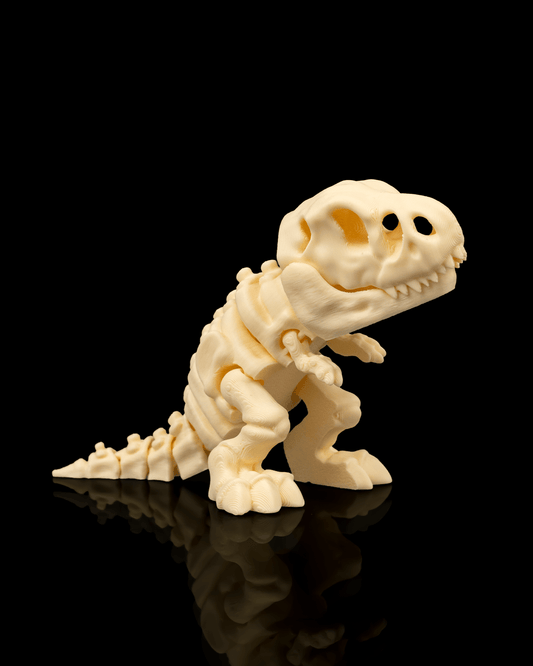Front view of 3D printed Skeleton T-Rex showing skull detail and ribbed spine.