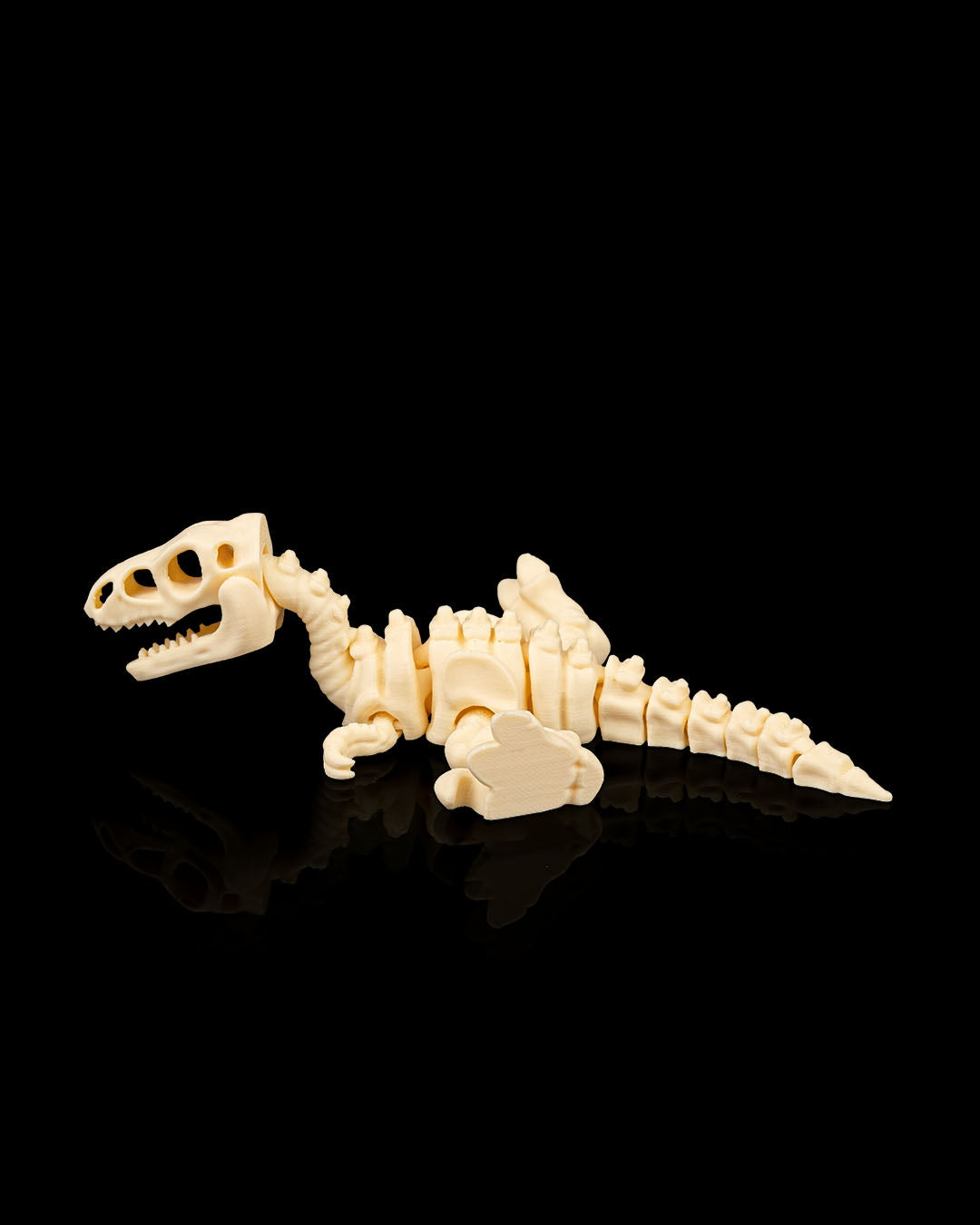 Angled view of 3D-printed Skeleton Velociraptor miniature emphasizing bone detail and flat lying stance.
