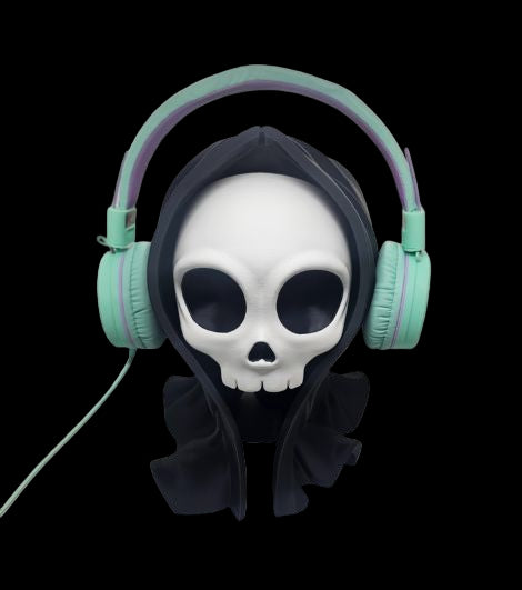 Front view of Skull Headphone Holder with cloak-like design for desk or gaming setup.