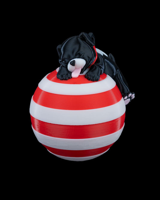 3D printed sleeping dog ornament resting on a red and white striped candy cane ball.