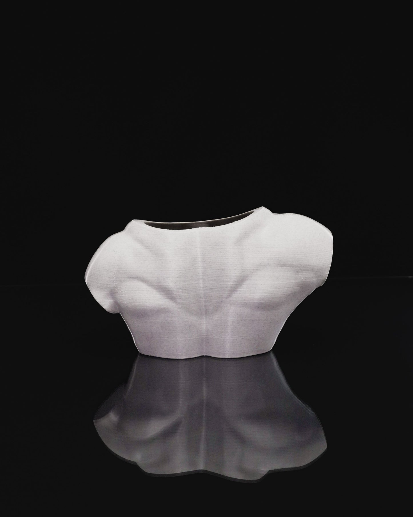 Male Summer Body Vase in PETG - rear view photographed on black background.