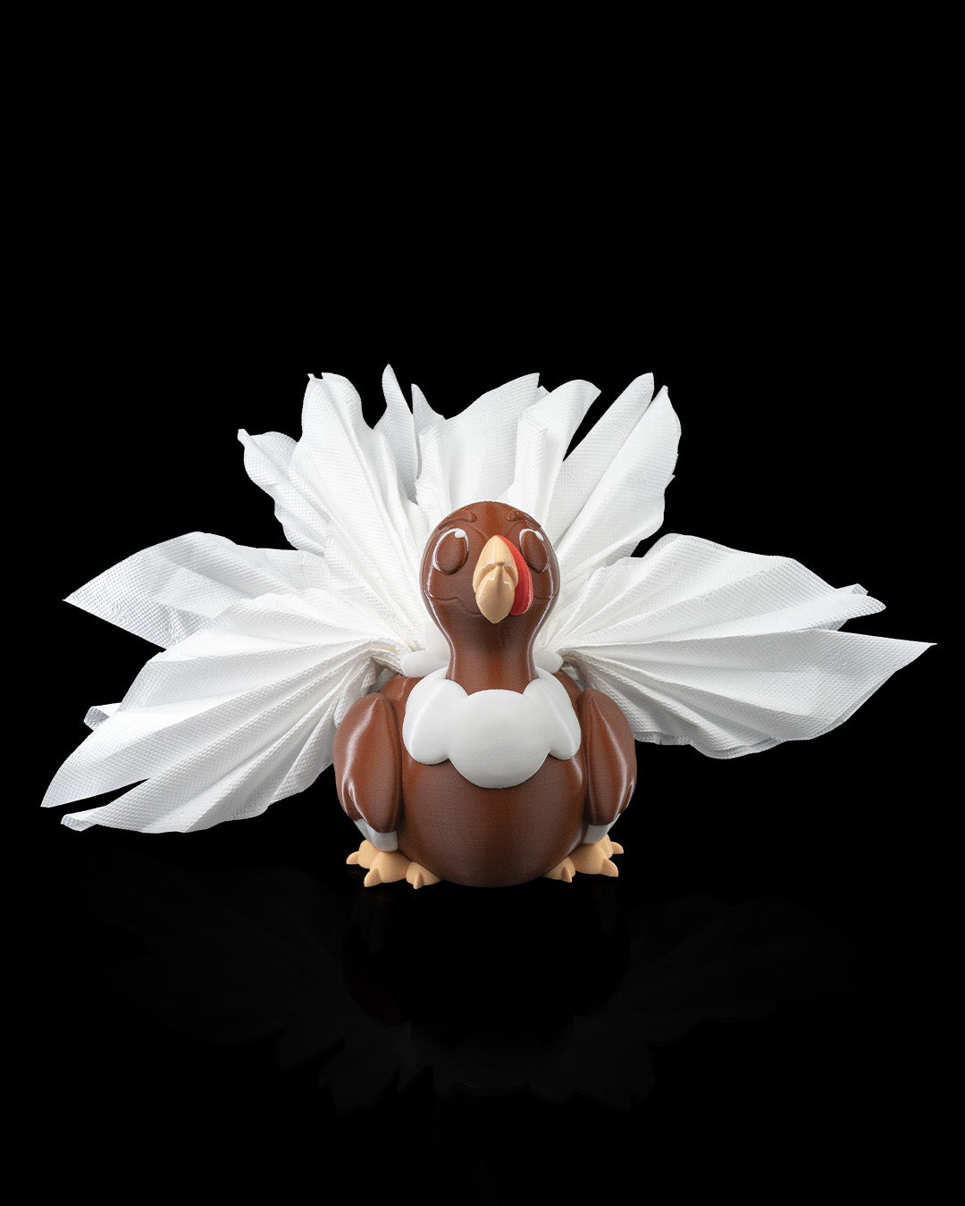 Front view of the 3D-printed Turkey Fan Napkin Holder displaying napkins as tail feathers.