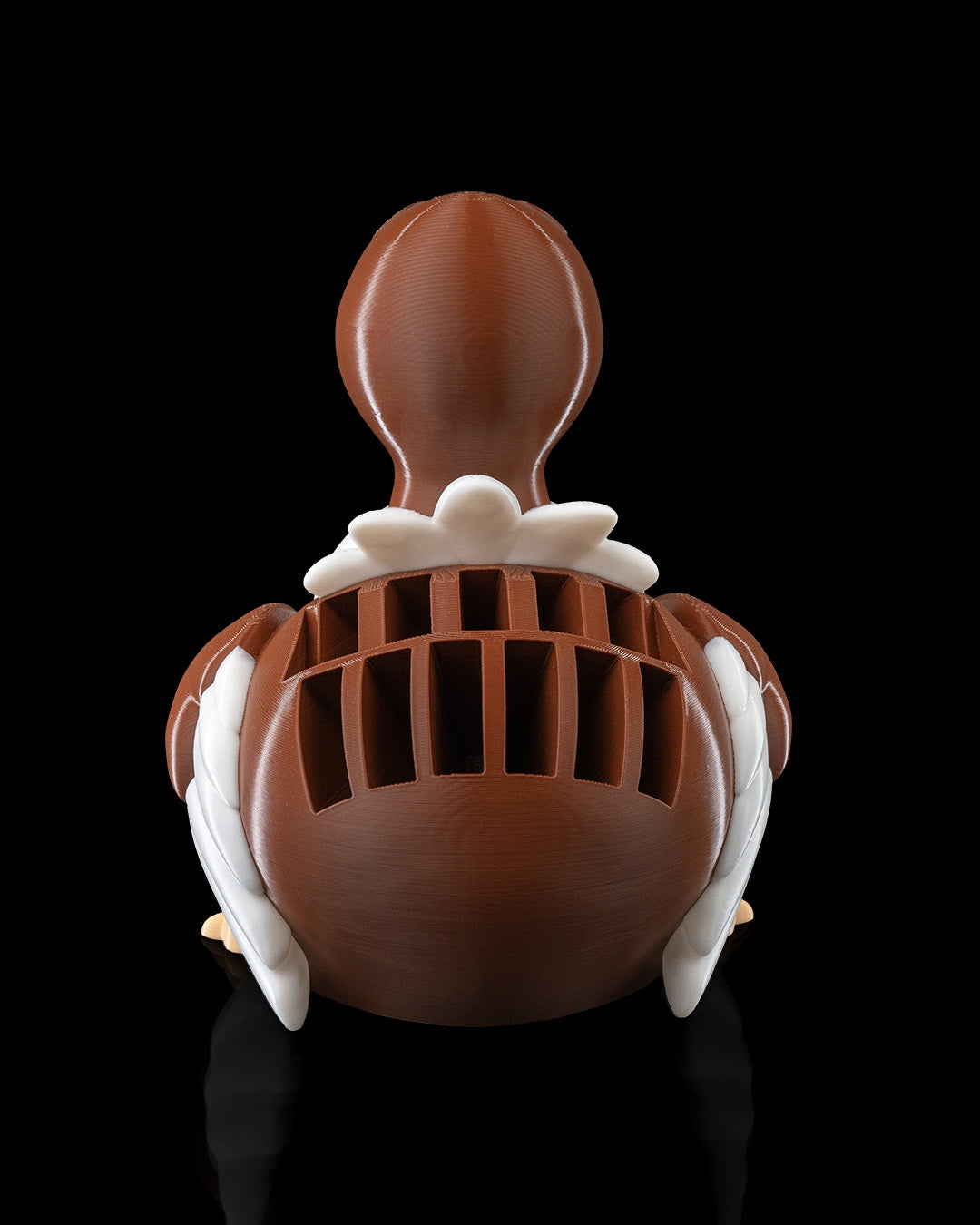 Back view empty of the 3D-printed Turkey Fan Napkin Holder displaying napkins as tail feathers.