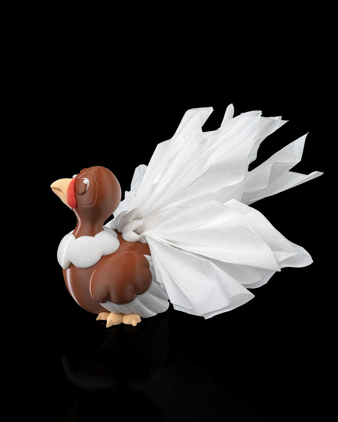 Side view of the 3D-printed Turkey Fan Napkin Holder displaying napkins as tail feathers.