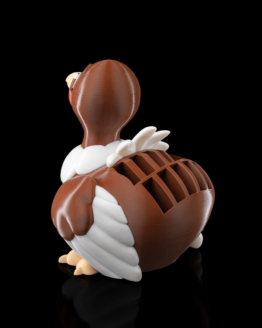 Empty Rear view of the 3D-printed Turkey Fan Napkin Holder displaying napkins as tail feathers.