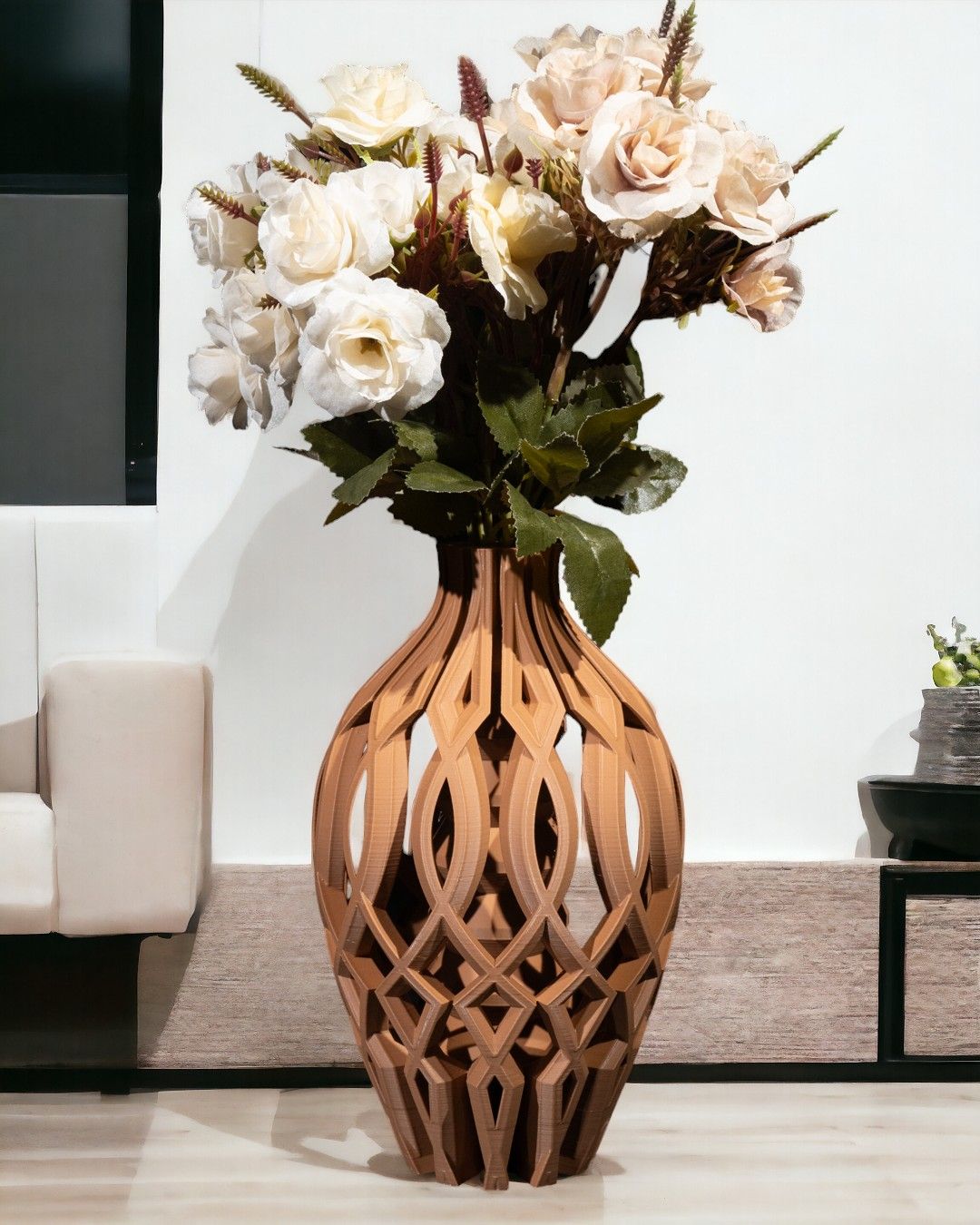 Vista Vase 3D-printed geometric vase holding white flowers with office background